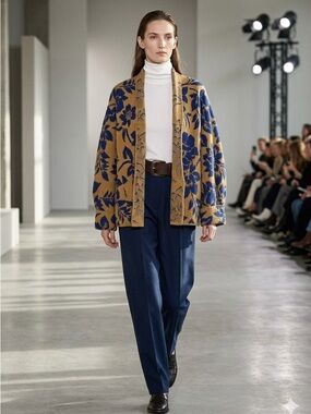 Floral Knit Cardigan - Blue and Tan